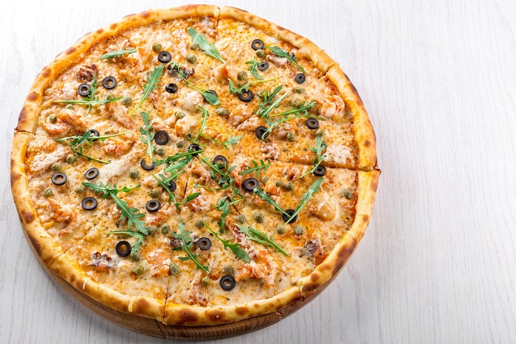 Pizza Recipe - Three Cheese Pizza with Arugula, Capers and Olives